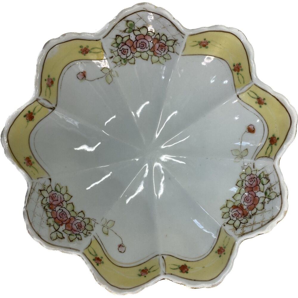 Vintage Nippon Bowl 7.75" 9 sided Nut Dish Roses Yellow Gold Trim
